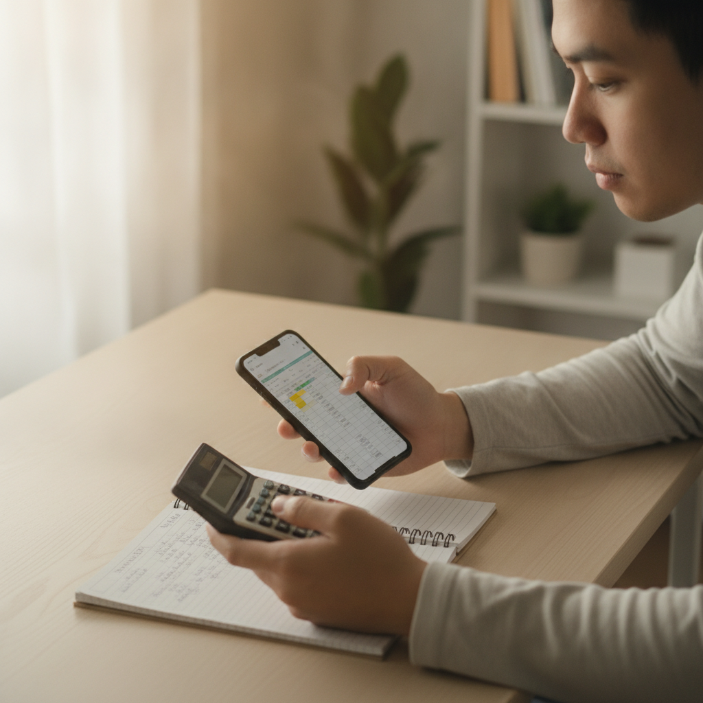 Filipino player comparing casino bonus offers on mobile phone with calculator and notepad